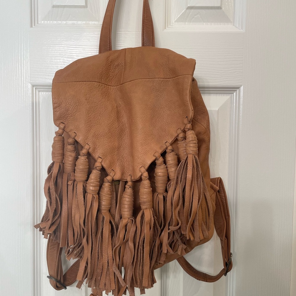 Tan Leather Tassel Backpack